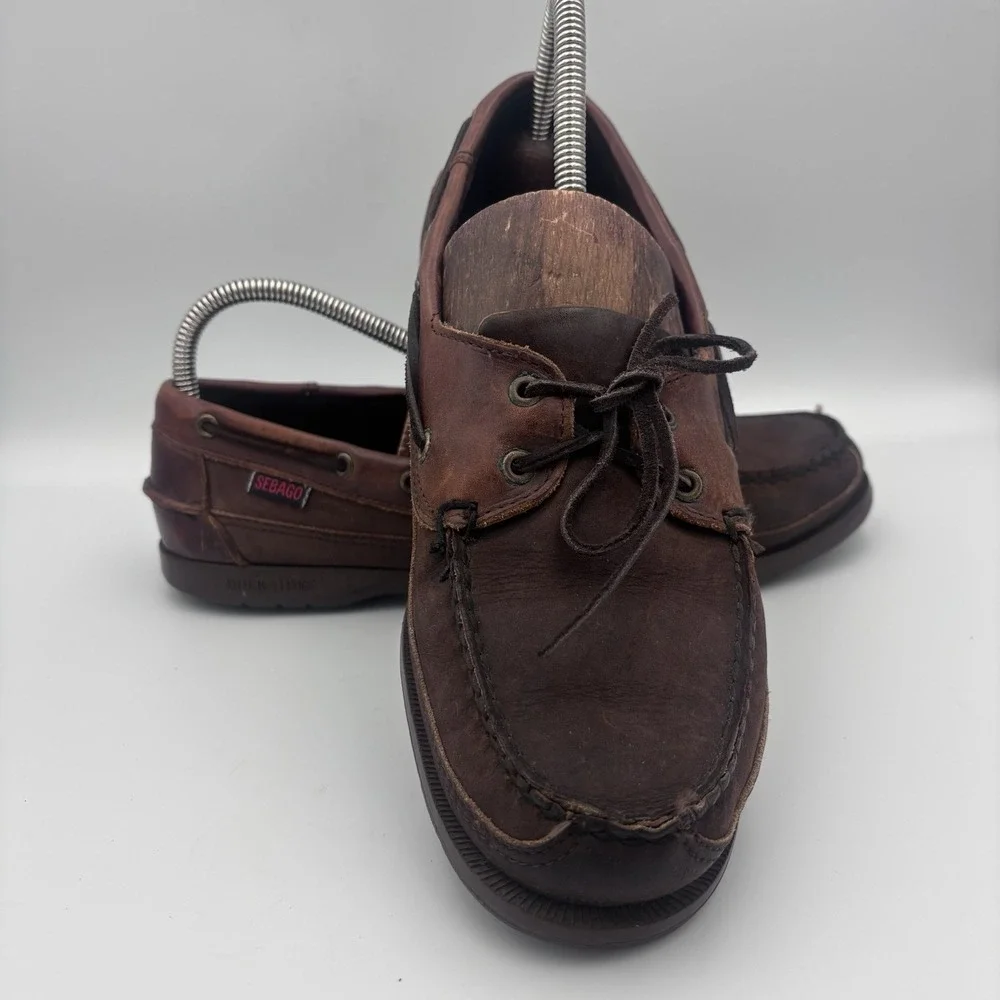 Sebago Docksides Mens Brown Leather Boat Shoes 8.5 Dark Soles